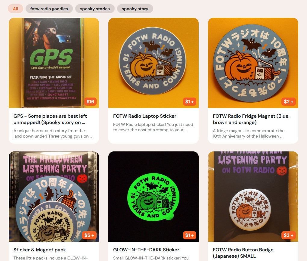 Pictures of Halloween Listening Party merchandise that is available in the Ko-Fi page.